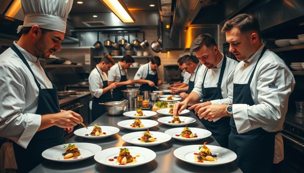 A bustling kitchen scene, with chefs collaborating to prepare a special menu. In the foreground, two chefs standing side-by-side, carefully arranging artful plates of gourmet dishes. Delicate garnishes and sauces are applied with precision. In the middle ground, other chefs are chopping, sautéing, and tasting ingredients, their faces focused. The background reveals a well-equipped kitchen, with stainless steel appliances, hanging pots and pans, and a sense of organized chaos. Warm, golden lighting illuminates the scene, creating a cozy, inviting atmosphere. The chefs' expressions convey a spirit of teamwork and excitement as they bring their culinary vision to life.