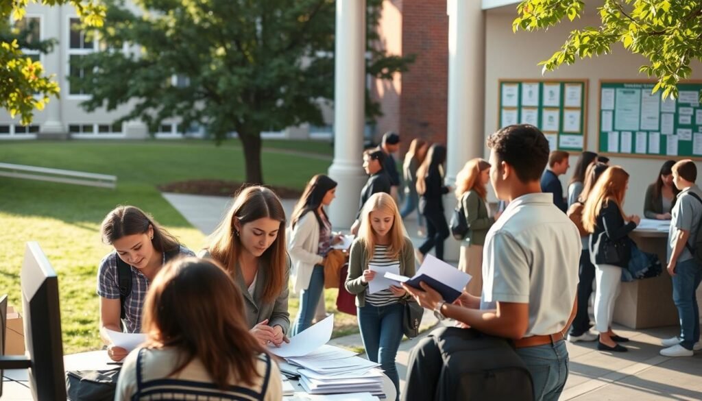 A college campus in the morning light, a group of students gathered around a table, intently filling out application forms and gathering documents. In the foreground, a student consults with a faculty advisor, gesturing to a computer screen. The middle ground shows a line of students waiting to submit their completed applications at a counter, while in the background, a bulletin board displays scholarship opportunities. The scene conveys a sense of focus, diligence, and the excitement of pursuing higher education through a competitive scholarship program.