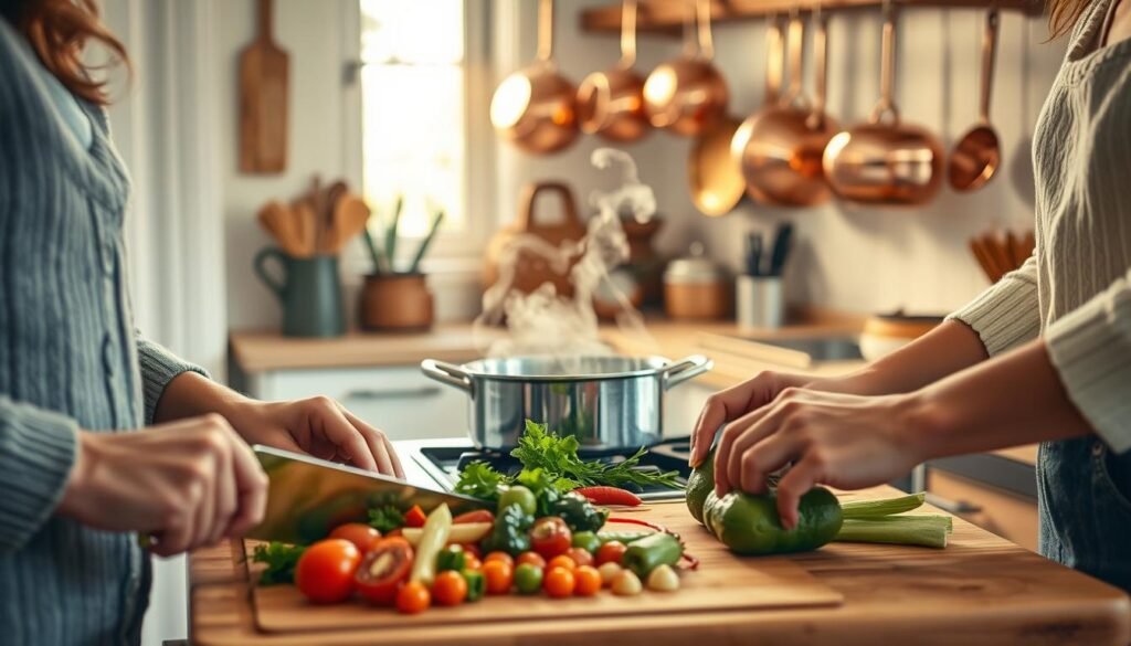 A cozy, home-style kitchen scene showcasing the collaborative efforts of two home cooks. In the foreground, two pairs of hands busily chopping and stirring an array of fresh ingredients on a wooden cutting board. Midground, a simmering pot on a stove emits tendrils of steam, while the background reveals a tidy, well-stocked kitchen with gleaming copper pots and pans hanging from the walls. Warm, diffused lighting filters through a window, casting a golden glow and highlighting the shared joy and camaraderie of the home cooking experience. The overall mood is one of comfort, creativity, and the coming together of culinary passions in an intimate, domestic setting.