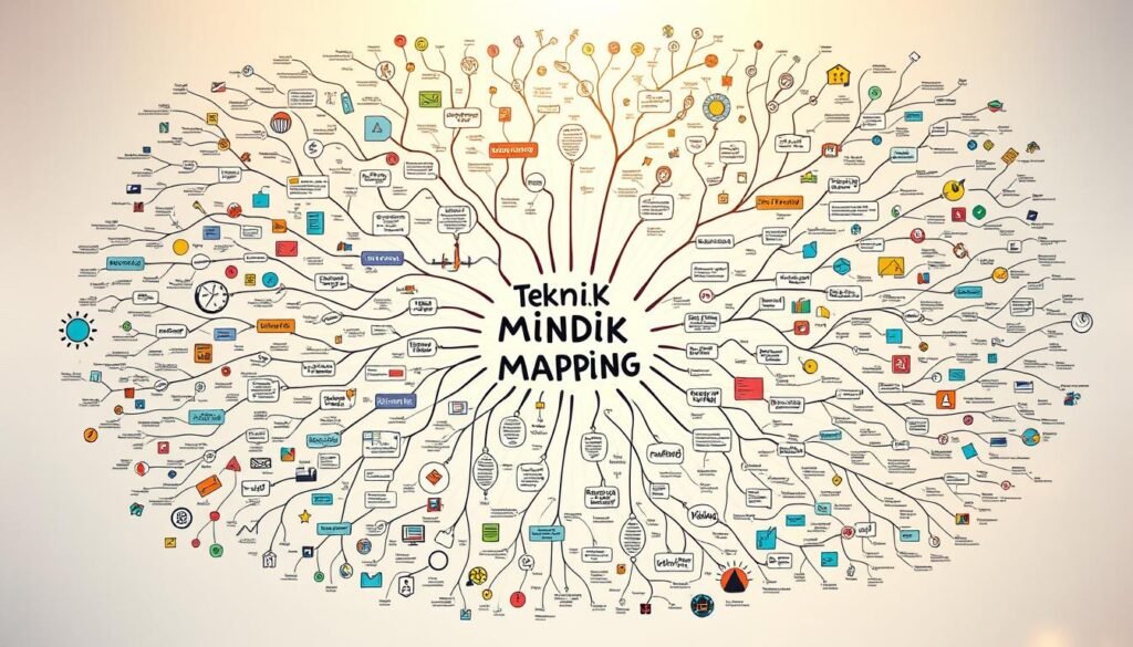A detailed, visually striking illustration of "teknik mind mapping", showcasing a complex, interconnected web of ideas and concepts. The foreground depicts an array of colorful shapes, symbols, and text, arranged in a harmonious, organic layout that captures the essence of the mind mapping technique. The middle ground features a pulsing, energy-filled background, hinting at the dynamic, generative nature of the process. The lighting is soft and warm, creating a contemplative, introspective atmosphere, while the camera angle offers a slightly elevated, bird's-eye view, providing a comprehensive overview of the mind map. The overall composition conveys a sense of clarity, creativity, and intellectual depth, aligning with the theme of "Mengembangkan Gagasan dari Artikel yang Dibaca".