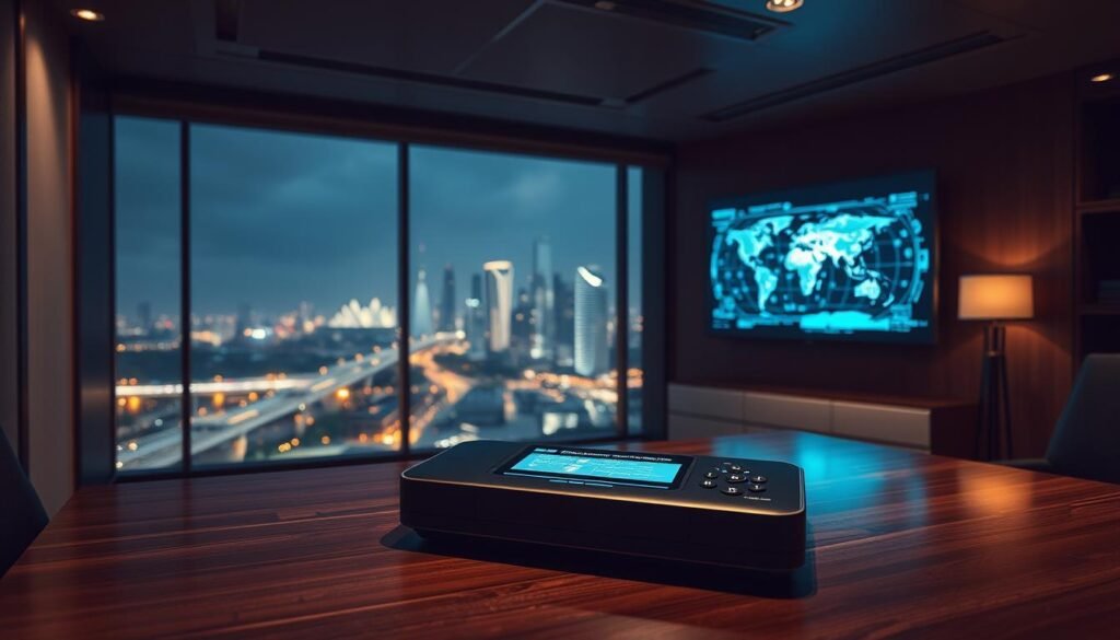 A dimly lit diplomatic office, illuminated by the soft glow of a holographic display. In the foreground, a sleek, futuristic communication device sits on a polished wooden desk, its elegant design hinting at advanced technological capabilities. The middle ground features a panoramic window overlooking a bustling cityscape, where skyscrapers and transport hubs hint at the interconnected nature of modern diplomacy. In the background, a wall-mounted screen projects a real-time data visualization, showcasing the intricate web of global communications and negotiations. The overall atmosphere conveys a sense of thoughtful contemplation and strategic decision-making, reflecting the nuanced impact of technology on diplomatic processes.