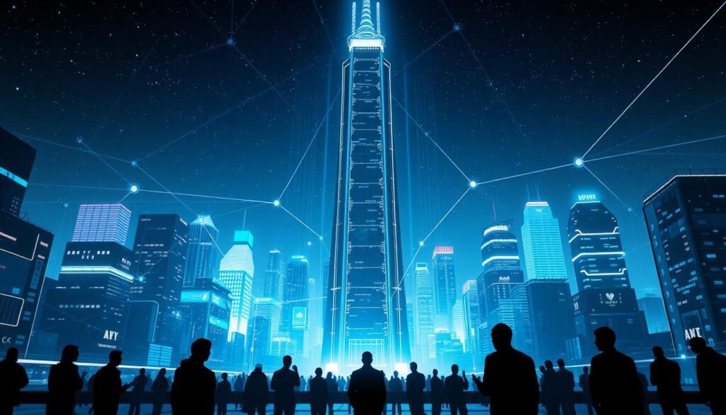 A high-tech digital cityscape, with a central tower representing a sophisticated cybersecurity infrastructure. Glowing lines and holographic displays emanate from the tower, symbolizing the integration and interconnectedness of various security systems. In the foreground, silhouettes of people interact with touchscreens and digital interfaces, conveying the human element of cyber defense. The background features a starry night sky, lending a sense of vastness and the global scale of cybersecurity challenges. Lighting is dramatic, with cool hues and strategic highlights, creating an atmosphere of technological prowess and vigilance. The overall scene conveys a cohesive, future-forward vision of integrated cyber security strategies.