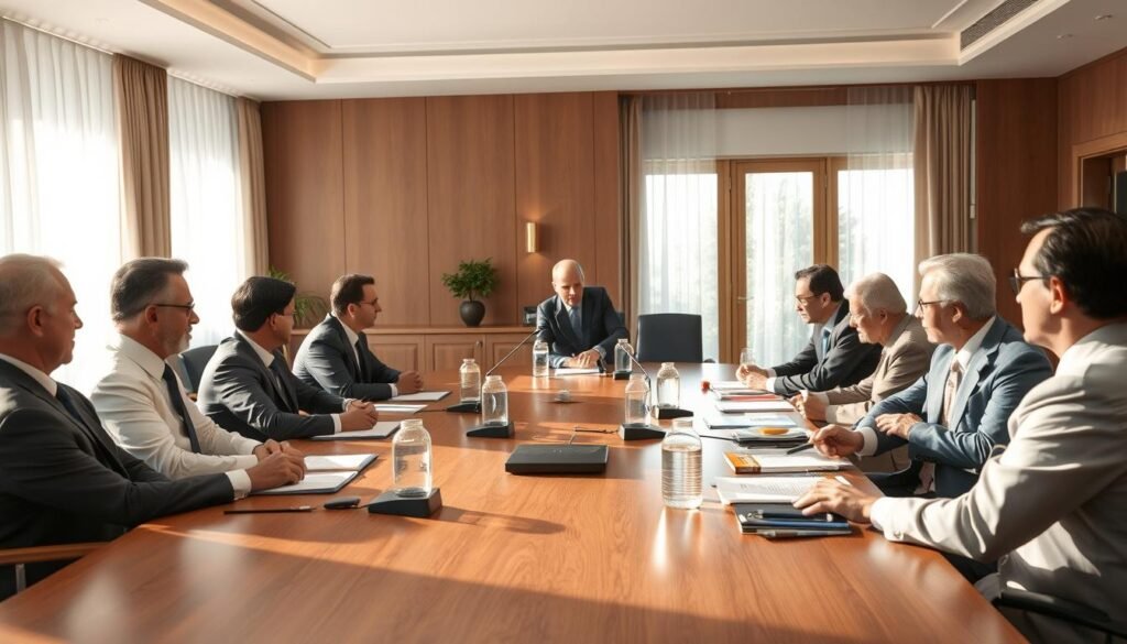 A regional mediation table situated in a sunlit conference room, with diplomats from different provinces engaged in earnest discussions. The room exudes a sense of formality, with wooden furniture and floor-to-ceiling windows allowing natural light to flood the space. Subtle tension can be felt in the body language of the participants, as they navigate the complexities of local disputes. The mood is serious, yet there is a glimmer of hope as they work towards a resolution, guided by an impartial mediator positioned at the head of the table. The scene conveys the delicate balance of local diplomacy, where cooperation and compromise are paramount in addressing regional tensions.