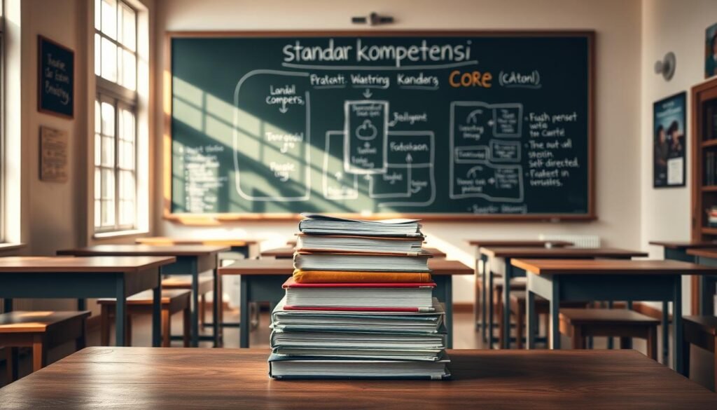 A serene classroom setting, bathed in warm, natural lighting. At the center, a sturdy wooden desk showcases a stack of neatly organized textbooks and notebooks, symbolizing the foundation of "standar kompetensi" or core competencies. In the background, a large chalkboard displays a detailed diagram outlining the key elements and structure of this educational framework. The walls are adorned with inspirational quotes and learning-focused artwork, creating an atmosphere of focused self-directed study. A sense of tranquility and intellectual curiosity pervades the scene, hinting at the empowering potential of mastering these essential educational standards.