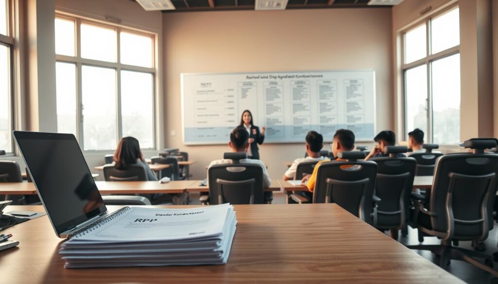 A serene classroom setting, illuminated by warm, diffused lighting from large windows. In the foreground, a neatly organized desk with a laptop, stationery, and a stack of documents labeled "RPP" (Rencana Pelaksanaan Pembelajaran or Lesson Plan). The middle ground features a teacher standing at a whiteboard, markers in hand, guiding a group of attentive students seated in ergonomic chairs. In the background, a wall-mounted display showcases a detailed visual breakdown of the "Standar Kompetensi" (Competency Standards), providing a clear framework for the lesson. The overall atmosphere conveys a sense of focus, collaboration, and a commitment to delivering a high-quality, standards-based educational experience.