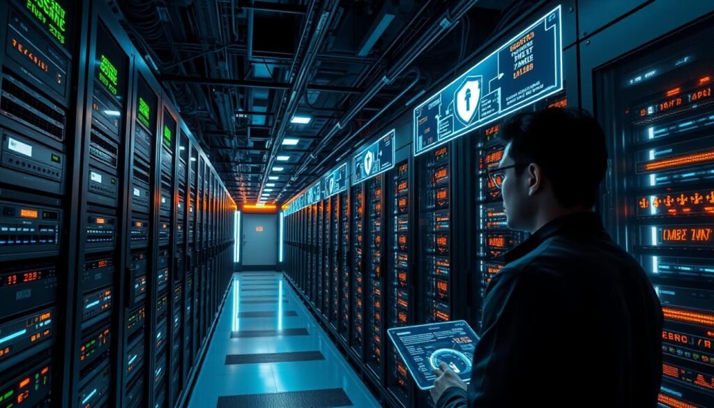 A sleek, modern data center filled with rows of networked servers, secure storage arrays, and intricate cabling. Glowing status panels and holographic displays showcase the sophisticated cybersecurity infrastructure, monitoring threats and securing digital assets. Bright task lighting illuminates the scene, casting dramatic shadows and highlighting the technical details. In the foreground, a security analyst examines a virtual dashboard, vigilantly safeguarding the network. The atmosphere conveys a sense of technological prowess and unwavering digital protection.