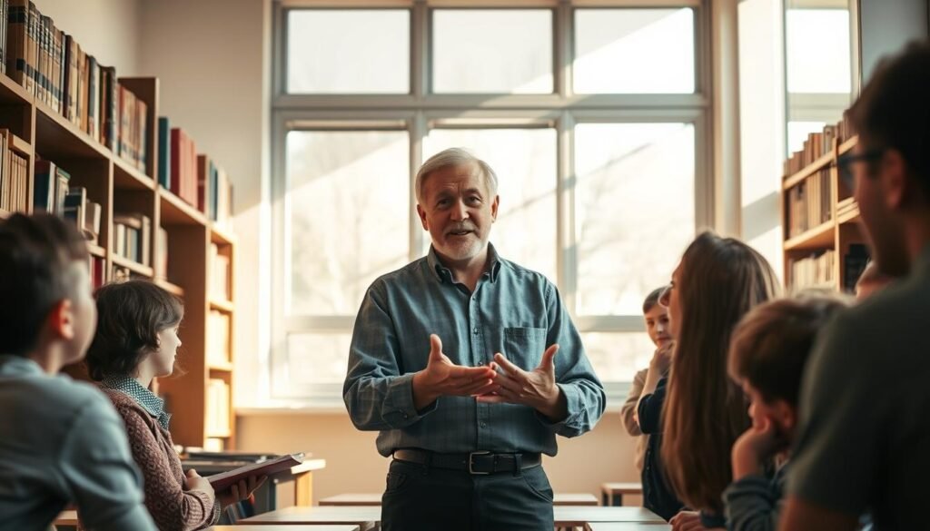 A thoughtful and capable history teacher stands at the front of a sunlit classroom, their face alight with enthusiasm as they engage their students. The teacher's confident posture and gestures suggest a deep knowledge and passion for the subject. Shelves of history books line the walls, casting a warm glow over the scene. Students lean in, captivated by the teacher's words, their expressions reflecting the importance of the lesson. An atmosphere of intellectual curiosity and respect pervades the room, underscoring the pivotal role of competent history educators in shaping young minds and preserving national identity.