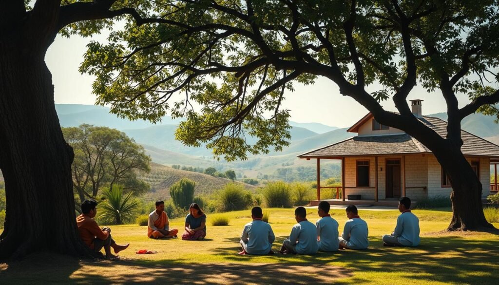 A tranquil outdoor scene depicting the integration of local wisdom within the educational landscape. In the foreground, a group of students in traditional attire sit on the ground, engaged in a lively discussion under the shade of a majestic tree. The middle ground showcases a quaint, rustic schoolhouse, its architecture reflecting the region's cultural heritage. In the background, rolling hills and a clear sky create a serene, natural backdrop. The lighting is soft and diffused, casting a warm, inviting glow over the entire scene. The overall mood is one of harmony, where traditional knowledge and modern education coexist in a seamless blend.