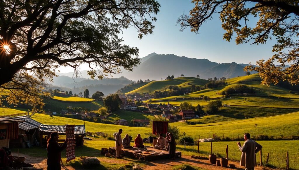 A tranquil village nestled amidst lush, verdant hills and rolling meadows. In the foreground, a group of local artisans showcase their intricate handcrafted wares, showcasing the rich cultural heritage of the region. The warm, golden light filters through the canopy of ancient trees, casting a soft, ethereal glow over the scene. In the distance, a majestic mountain range stands as a silent witness to the timeless traditions and harmonious coexistence of nature and humanity. The atmosphere is one of reverence, preservation, and a deep respect for the local environment and its vibrant, timeless culture.