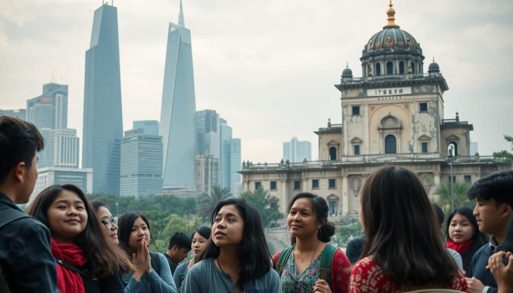 A vast, globalized landscape with towering skyscrapers and digital interfaces representing the modern era, juxtaposed against a weathered, historical building symbolizing the weight of tradition. In the foreground, students of diverse backgrounds engage in animated discussions, their faces a blend of curiosity and contemplation, capturing the challenges of reconciling the past with the present. Diffused lighting casts a pensive atmosphere, inviting the viewer to consider the delicate balance required to preserve national identity amidst the tides of globalization.