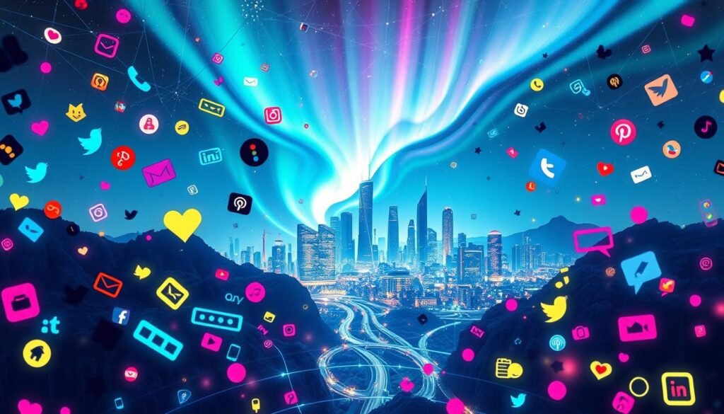 A vibrant, digital landscape depicting the interconnected world of social media. In the foreground, a diverse array of stylized social media icons and symbols float and intertwine, hinting at the dynamic nature of online interactions. The middle ground features a sleek, futuristic cityscape with towering skyscrapers and holographic displays, representing the technological infrastructure that enables social media platforms. In the background, a luminous, kaleidoscopic aurora dances across the sky, symbolizing the ever-evolving, ethereal nature of digital culture. Crisp, cinematic lighting casts dramatic shadows and highlights, conveying a sense of depth and energy. Rendered with a striking, minimalist aesthetic that captures the essence of the &quot;Analisis Tren dan Budaya Digital&quot; subject.