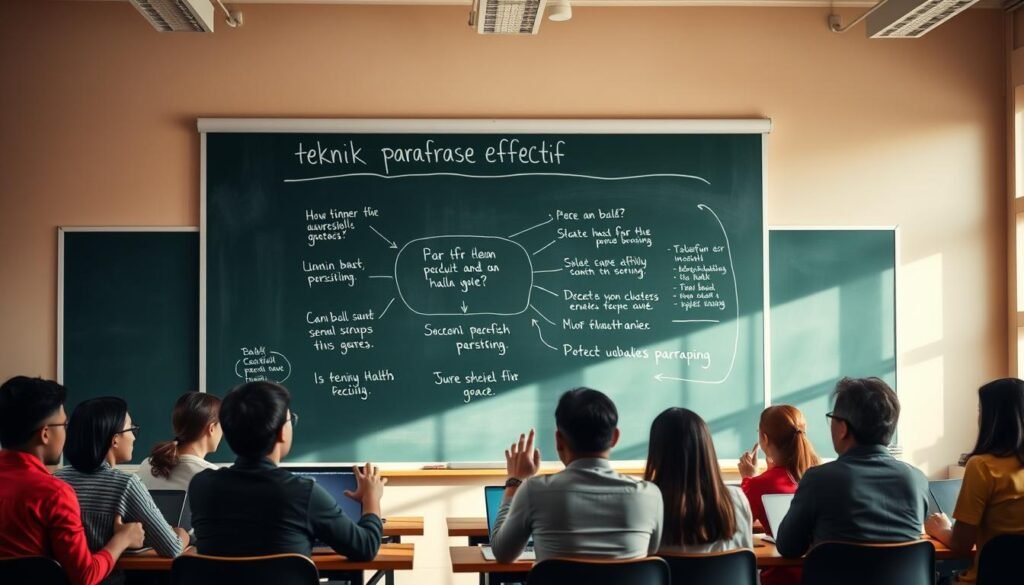 A well-lit classroom setting, with a large chalkboard or whiteboard taking up the central focus. On the board, a detailed diagram illustrates the "teknik parafrase efektif" process, using clear annotations and visual cues to explain the various steps. In the foreground, a group of attentive students, laptops and notebooks in hand, are engaged in discussion, gesturing towards the board. The lighting is warm and natural, creating a sense of focus and collaboration. The overall atmosphere conveys a dynamic, educational environment where the effective use of paraphrasing techniques is being actively explored and learned.