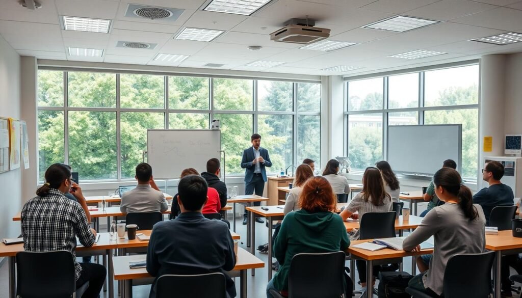 A well-lit, modern classroom with rows of desks and chairs, a whiteboard at the front, and various science equipment and posters on the walls. In the foreground, a group of students intently focused on their studies, some taking notes, others engaged in discussion. In the middle ground, a teacher standing at the front, gesturing as they explain a concept to the class. The background features large windows overlooking a lush, verdant campus, with a sense of academic seriousness and dedication. The overall mood is one of a stimulating, intellectually engaging environment, perfectly capturing the essence of a physics education program.