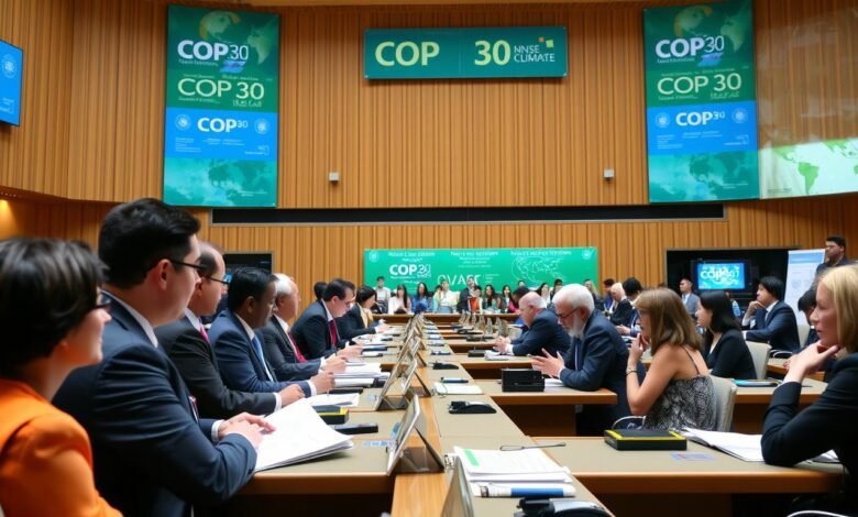 Ilustrasi COP30 dan Tantangan Diplomasi Perubahan Iklim dengan delegasi dari berbagai negara sedang bernegosiasi