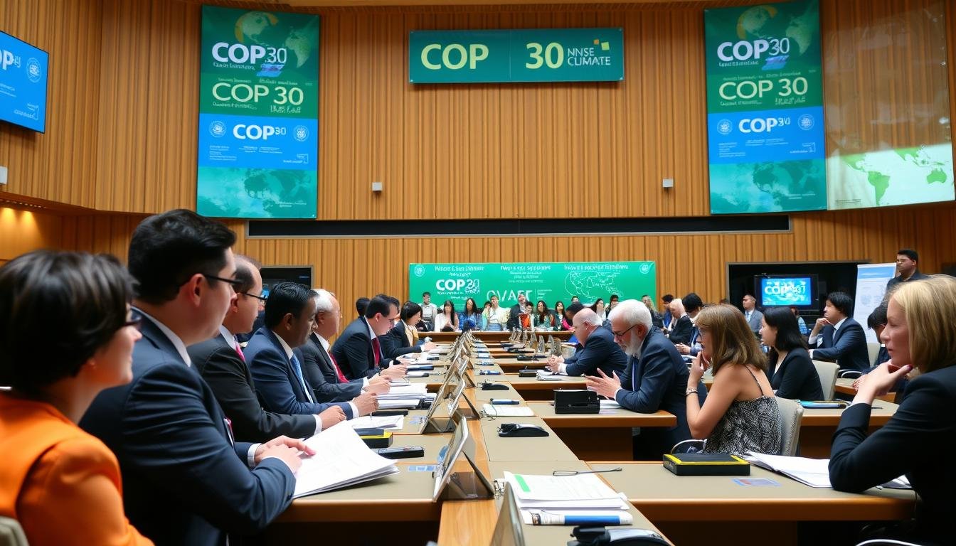 Ilustrasi COP30 dan Tantangan Diplomasi Perubahan Iklim dengan delegasi dari berbagai negara sedang bernegosiasi