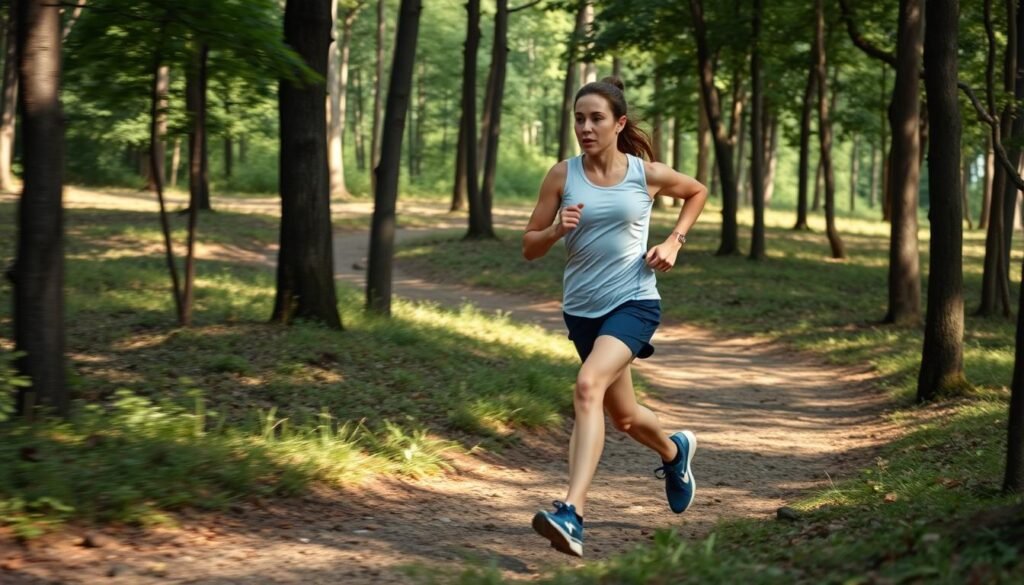 Pelari melakukan fartlek training di jalur alam untuk meningkatkan tempo lari dan kapasitas VO2 max Pelari melakukan fartlek training di jalur alam untuk meningkatkan tempo lari dan kapasitas VO2 max