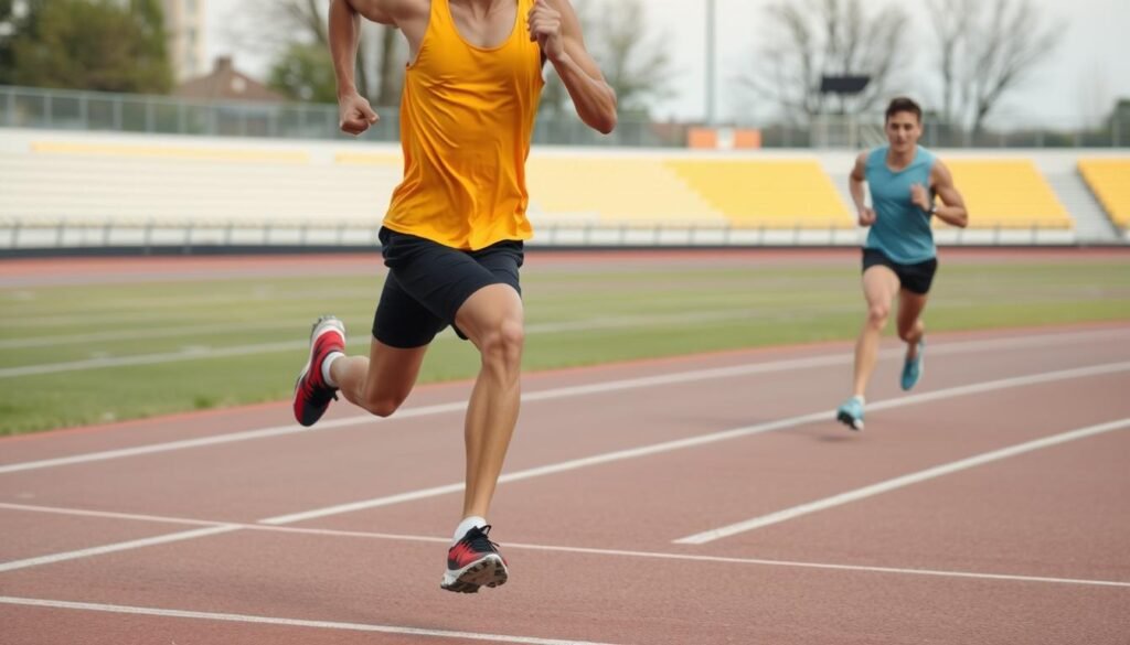Pelari melakukan interval training di lintasan untuk meningkatkan tempo lari dan kapasitas VO2 max Pelari melakukan interval training di lintasan untuk meningkatkan tempo lari dan kapasitas VO2 max