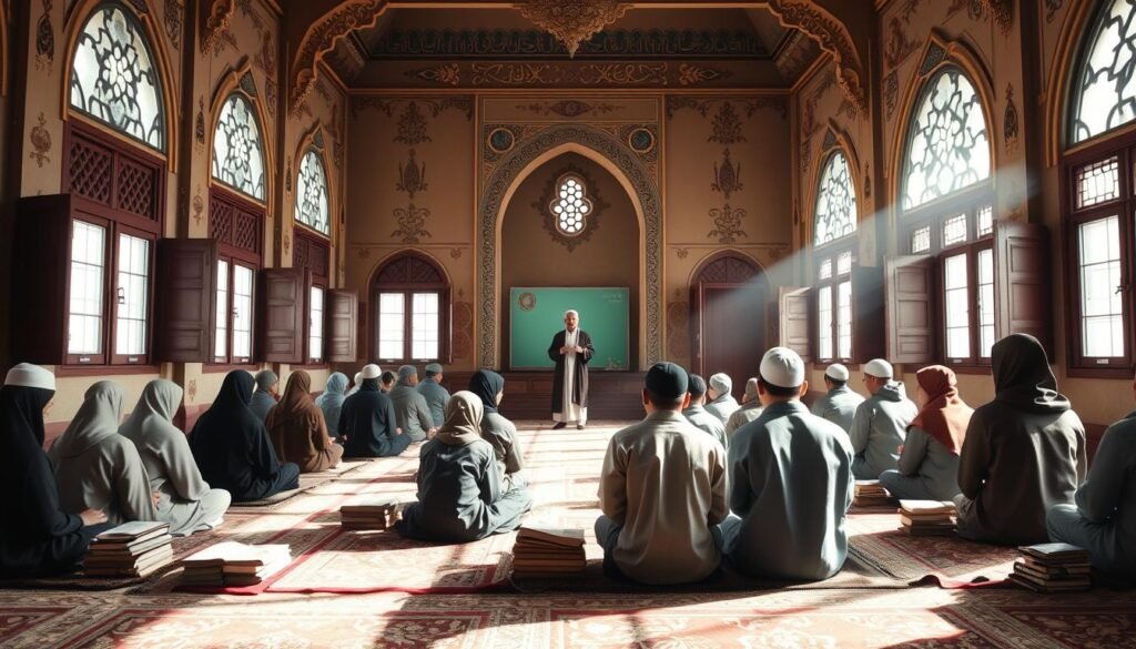 a classroom interior at a traditional Islamic boarding school (pesantren), filled with natural light streaming through large windows. In the foreground, a group of students sitting cross-legged on prayer rugs, intently focused on their studies, surrounded by piles of books and scrolls. In the middle ground, a teacher dressed in traditional robes stands at the front of the class, gesturing animatedly as they deliver a lesson. The background features ornate, arabesque architectural details, conveying a sense of timeless scholastic tradition. The overall mood is one of reverence, concentration, and the passing on of sacred knowledge.