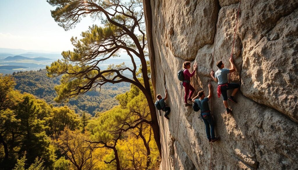 A dynamic group of rock climbers ascends a rugged, sun-dappled limestone cliff, their chalk-coated hands gripping the craggy face. In the foreground, a tightly-knit team of seasoned enthusiasts share a camaraderie, spotting and encouraging one another as they conquer the challenging routes. The middle ground reveals a lush, verdant landscape framing the scene, with towering trees and vibrant foliage providing a natural backdrop. Warm, golden light filters through the canopy, casting a warm glow and dramatic shadows across the determined climbers. In the distance, a panoramic vista of rolling hills and distant peaks hints at the vast, untamed wilderness that draws these passionate adventurers to this thrilling community.