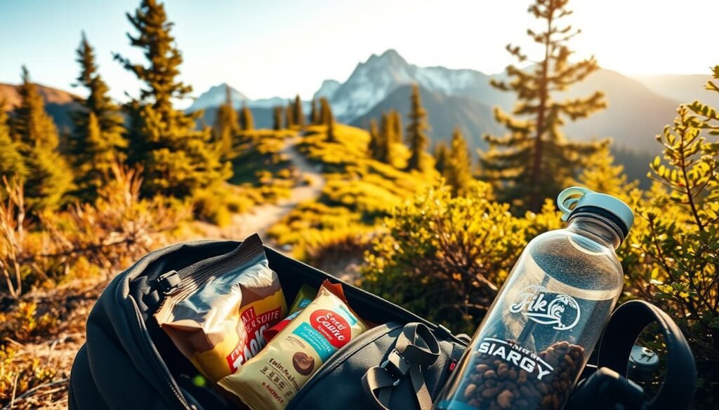 A hiker's backpack filled with energy-rich snacks and hydration essentials, resting on a scenic mountain trail. The foreground features a close-up of the backpack's contents - trail mix, energy bars, and a reusable water bottle. In the middle ground, the winding path leads up through lush, verdant vegetation, with rugged, snow-capped peaks rising in the distance. Warm, golden sunlight filters through the trees, casting a soft, natural glow. The overall atmosphere conveys a sense of adventure, preparedness, and a connection to the great outdoors.