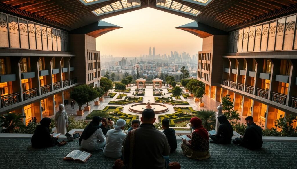A modern Islamic school campus, with a striking architectural design that seamlessly integrates traditional Islamic motifs and contemporary elements. In the foreground, a group of diverse students engaged in a Quranic study session, their faces illuminated by the warm glow of soft lighting. In the middle ground, a serene courtyard with a central water feature, surrounded by lush greenery and tranquil walkways. In the background, a panoramic view of the city skyline, hinting at the integration of traditional Islamic knowledge with the progress of the modern world. The overall scene conveys a sense of harmony, contemplation, and a vision for the future of Quranic education in a 21st-century context.