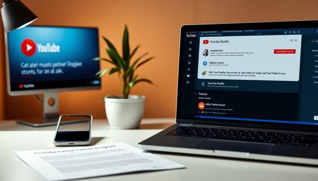 A professional YouTube channel with a clean, modern interface. In the foreground, a laptop displaying the YouTube Studio dashboard, showcasing the requirements for channel monetization - subscriber count, watch hours, and AdSense account. In the middle ground, a mobile device and a document outlining the YouTube Partner Program policies. The background features a minimalist desk setup with a potted plant, a sleek monitor, and a warm, ambient lighting creating a productive, focused atmosphere.