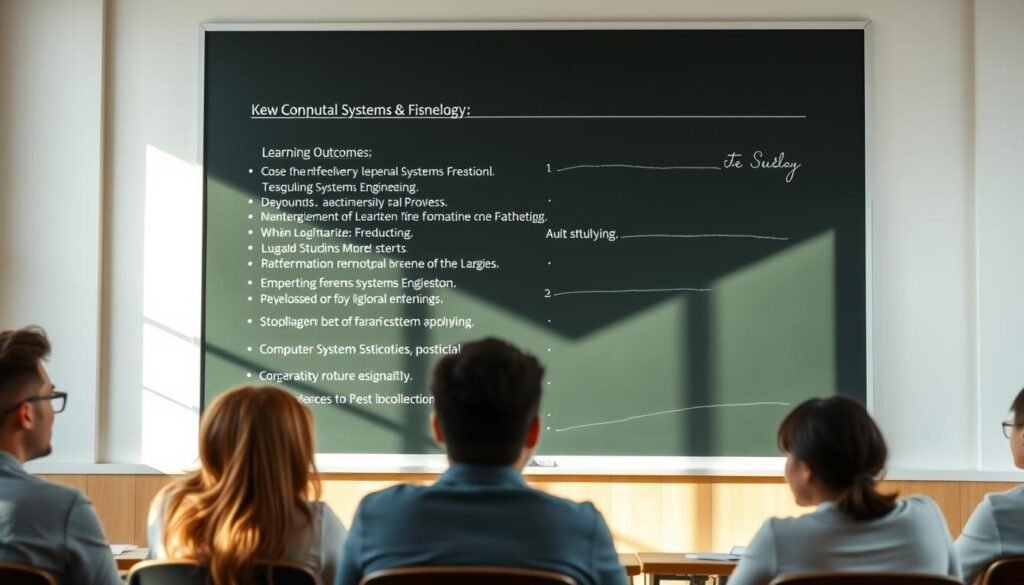 A serene classroom setting, with a large blackboard or whiteboard taking center stage. The blackboard displays a neatly organized list of key learning outcomes and competencies, each bullet point reflecting the core skills and knowledge that graduates of the Computer Systems Engineering program are expected to possess. The classroom is well-lit, with soft, natural light streaming in through large windows, creating a warm and inviting atmosphere. In the foreground, a few students are engaged in lively discussions, their expressions reflecting a sense of intellectual curiosity and excitement about their future careers. The overall scene conveys a sense of academic rigor, practical application, and a commitment to empowering students with the necessary skills to succeed in the rapidly evolving field of computer systems engineering.