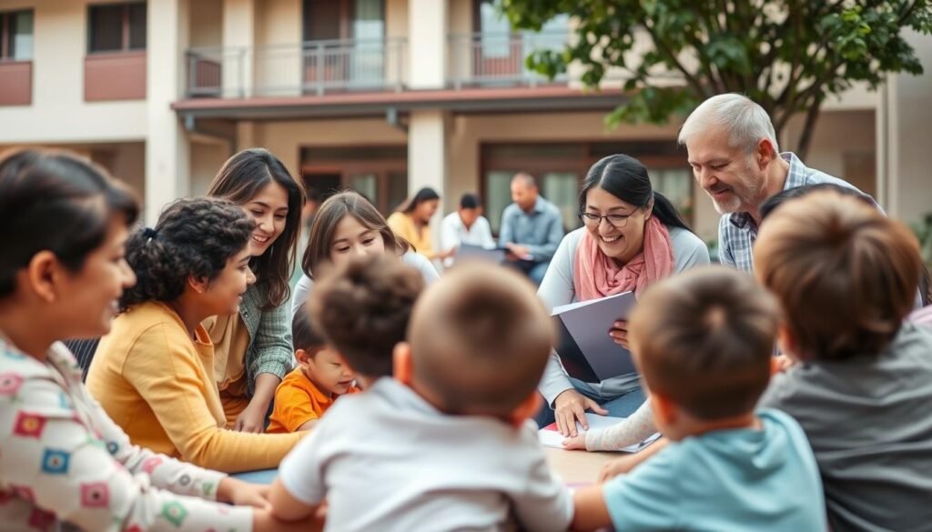 A warm, vibrant scene of collaboration between a school and parents. In the foreground, a group of adults and children sit together, engaged in lively discussion. The parents listen intently, offering guidance and support, while the teachers guide the conversation with care and enthusiasm. In the middle ground, teachers and parents work side-by-side, reviewing materials and planning educational activities. The background depicts the school building, its architecture blending traditional and modern elements, symbolizing the harmonious partnership. Soft, natural lighting illuminates the scene, creating an atmosphere of trust, community, and shared purpose in nurturing the children's growth and learning.