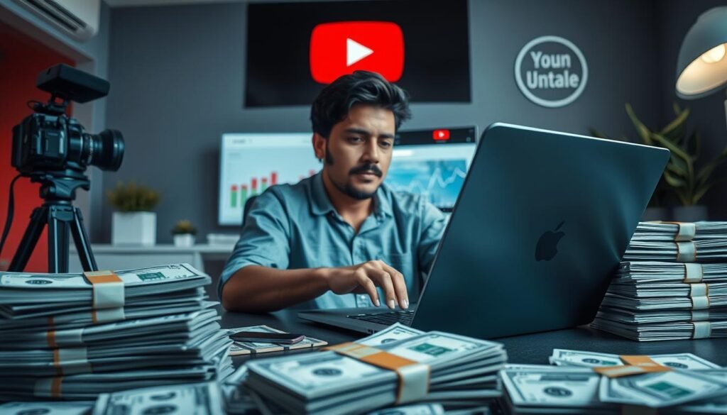 A well-lit, cinematic scene depicting a person working on a laptop, surrounded by stacks of cash, a camera, and YouTube branding. The foreground features the person's hands typing intently, with a look of focused determination on their face. The middle ground showcases the piles of money, symbolizing the financial rewards of successful YouTube content creation. The background includes a sleek, modern home office setting, with a large monitor displaying YouTube analytics and a stylized YouTube logo prominently displayed. The overall mood is one of professional success, financial gain, and the empowerment of building a career through online video platforms.