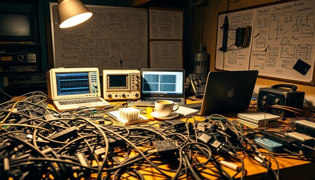 An industrial-style workspace with an array of internet-connected devices, gadgets, and sensors on a cluttered desk. In the foreground, a tangle of wires, cables, and circuit boards spills across the surface, hinting at the underlying complexity of modern technology. In the middle ground, a sleek laptop, a digital oscilloscope, and a 3D-printed prototype part sit alongside a cup of coffee and a notebook, capturing the fusion of digital and physical realms. The background features a whiteboard filled with diagrams, equations, and notes, reflecting the research and development taking place. Warm, directional lighting casts dramatic shadows, emphasizing the technical nature of the scene. The overall atmosphere conveys a sense of innovation, exploration, and the rapid evolution of computer systems and internet-connected devices.