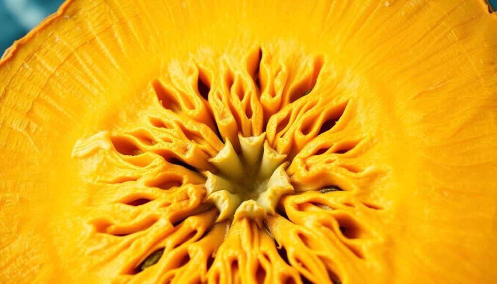 Anatomical cross-section of a pumpkin stem, showcasing its intricate internal structure. A detailed, high-resolution view captured with a macro lens, revealing the vibrant colors and patterns of the plant's vascular bundles, parenchyma cells, and lignified tissues. The image should convey a sense of scientific curiosity and appreciation for the engineering marvels found in nature, suitable for an educational publication on pumpkin cultivation.
