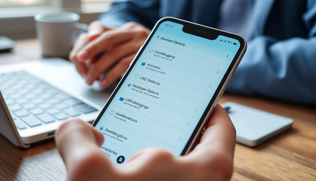 A close-up view of an Android smartphone displaying the "Developer Options" menu on its screen, set against a soft-focused desk background. In the foreground, the phone is positioned at a slight angle to highlight the vibrant, user-friendly interface with various toggle switches and settings visible, such as USB debugging and animations. The middle ground features a pair of hands, dressed in smart casual attire, gently navigating the phone, emphasizing a professional atmosphere. The background includes a subtle hint of a workspace with a laptop and a coffee mug, with gentle natural lighting casting soft shadows. The mood is focused and informative, suitable for a tech-savvy audience looking to understand Android settings safely.