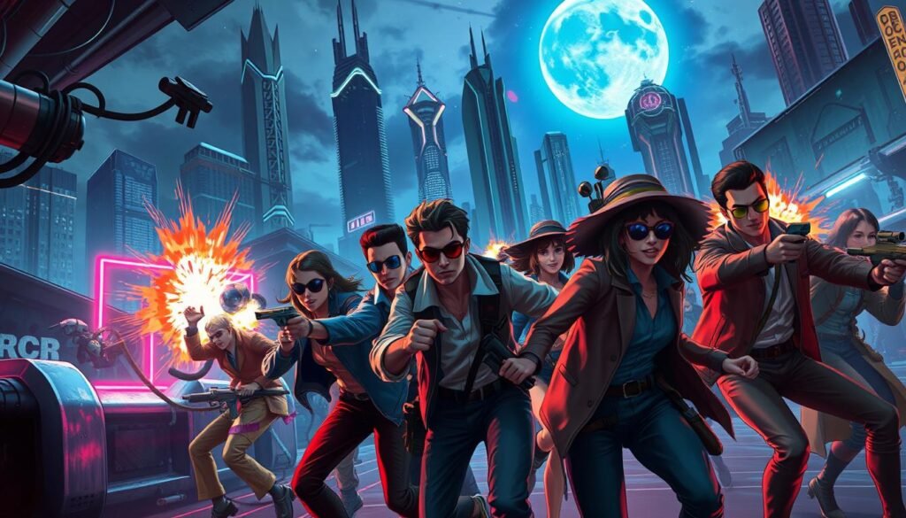 A dynamic and immersive scene encapsulating the essence of action-adventure art. In the foreground, a diverse group of adventurers, dressed in stylish, modest outfits, showcases a mix of determination and humor as they engage in a daring heist inside a futuristic cityscape. Vibrant neon lights reflect off metal surfaces, creating a lively atmosphere. In the middle ground, obstacles like pursue robots and intricate traps add tension and excitement, while bursts of comic-style explosions infuse a sense of dark comedy. The background features towering skyscrapers under a dramatic night sky, with a vibrant moon casting a blueish hue, enhancing the adventurous vibe. Capture this moment with a cinematic angle, utilizing dynamic lighting to emphasize the characters' expressions and the thrilling nature of their escapade.