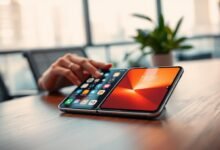 A folded smartphone placed on a sleek, modern wooden desk, showcasing its innovative design and multiple functionalities. In the foreground, the device is partially opened, revealing a vibrant display with intricate app interfaces, casting a soft glow. In the middle ground, a pair of stylish, professional hands (wearing modest attire) interact with the device, emphasizing user engagement. The background features a contemporary workspace, subtly blurred to keep focus on the phone, with hints of greenery from a potted plant. The lighting is warm and inviting, creating a dynamic contrast between the tech and the inviting office atmosphere. The overall mood is one of curiosity and exploration, highlighting both the allure and the challenges of foldable technology.