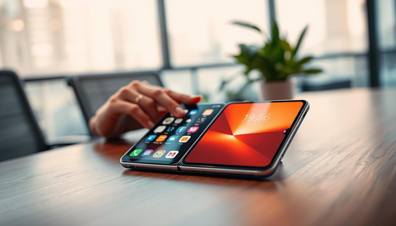 A folded smartphone placed on a sleek, modern wooden desk, showcasing its innovative design and multiple functionalities. In the foreground, the device is partially opened, revealing a vibrant display with intricate app interfaces, casting a soft glow. In the middle ground, a pair of stylish, professional hands (wearing modest attire) interact with the device, emphasizing user engagement. The background features a contemporary workspace, subtly blurred to keep focus on the phone, with hints of greenery from a potted plant. The lighting is warm and inviting, creating a dynamic contrast between the tech and the inviting office atmosphere. The overall mood is one of curiosity and exploration, highlighting both the allure and the challenges of foldable technology.