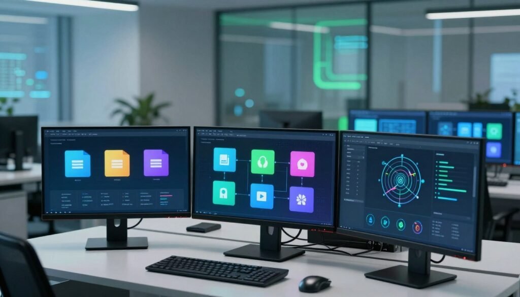 A futuristic depiction of a modular operating system interface displayed prominently on multiple sleek monitors arranged in a modern workspace. The foreground features a computer desk with the monitors showing colorful modular icons representing various system components, like file management, application systems, and network settings, each seamlessly connecting. The middle ground includes a well-organized, minimalist office environment with soft blue and green ambient lighting to evoke a sense of technology and innovation. In the background, glass panels reflect hints of a digital cityscape, suggesting progress and advancement. The overall atmosphere is professional and futuristic, capturing the essence of a cutting-edge operating system with a focus on efficiency and user empowerment.