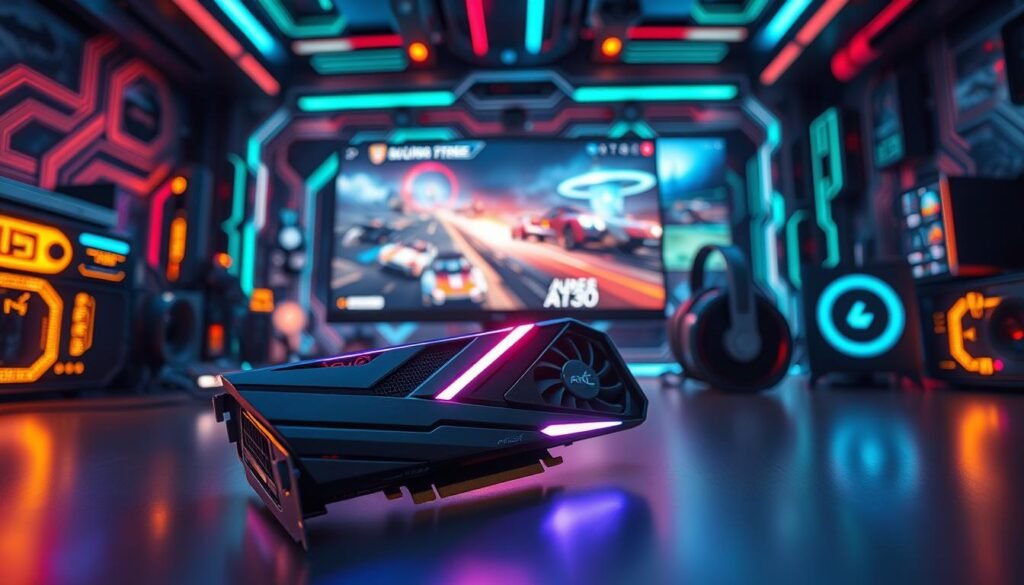 A futuristic scene showcasing the latest graphics card technology, focusing on the Arc A580. In the foreground, prominently display the sleek and modern design of the graphics card, with intricate details like LED lighting and a polished metallic finish. The middle ground features a dynamic arrangement of various gaming elements, including a high-resolution monitor displaying vibrant game graphics, showcasing ray-tracing effects. The background should depict a tech-savvy gaming setup with glowing peripherals, circuit patterns, and ambient lighting that radiates a cutting-edge atmosphere. Use soft lighting to enhance the glossy textures and reflections on the graphics card. Capture the scene from a slightly elevated angle to provide depth and dimension, giving viewers an immersive look into the future of gaming technology. A futuristic scene showcasing the latest graphics card technology, focusing on the Arc A580. In the foreground, prominently display the sleek and modern design of the graphics card, with intricate details like LED lighting and a polished metallic finish. The middle ground features a dynamic arrangement of various gaming elements, including a high-resolution monitor displaying vibrant game graphics, showcasing ray-tracing effects. The background should depict a tech-savvy gaming setup with glowing peripherals, circuit patterns, and ambient lighting that radiates a cutting-edge atmosphere. Use soft lighting to enhance the glossy textures and reflections on the graphics card. Capture the scene from a slightly elevated angle to provide depth and dimension, giving viewers an immersive look into the future of gaming technology.