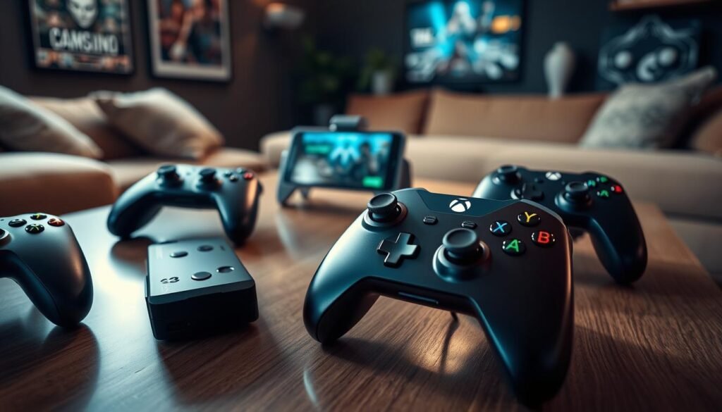 A selection of the best gaming controllers displayed on a sleek, modern wooden table. In the foreground, focus on a vibrant Xbox controller, showcasing its ergonomic design and glossy finish, surrounded by other popular models like DualShock and various third-party options. In the middle ground, include a soft-focus view of a smartphone displaying the Xbox Cloud Gaming interface, with subtle reflections and highlights emphasizing its connectivity to the controllers. The background features a cozy living room atmosphere with dim ambient lighting, soft shadows, and hints of gaming posters on the walls, creating a relaxed yet engaging vibe. The composition should convey excitement and accessibility in mobile gaming.