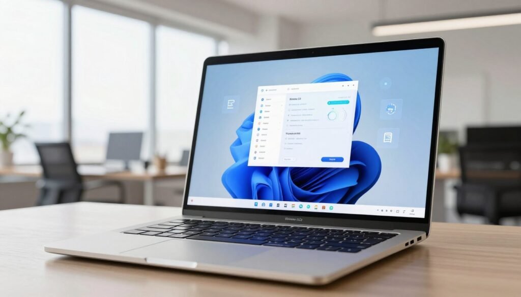 A sleek, modern computer desktop showcasing the new Windows 12 interface, with vibrant tiles and a streamlined taskbar in the foreground. In the middle, a stylish laptop with a crisp display illustrates the operating system's features, surrounded by subtle holographic icons representing various advancements. In the background, a bright, airy office environment with large windows letting in natural light, adding a sense of openness. The lighting is soft and even, creating a professional, inviting atmosphere. Capture the excitement of innovative technology with a focus on clarity and usability, emphasizing the clean lines and modern aesthetics of the new design.