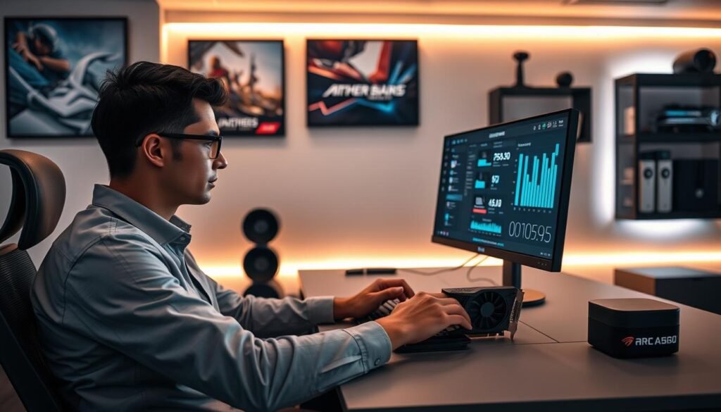 A sleek modern office environment with a focused user seated at a stylish desk, computer monitor displaying gaming graphics benchmarks, and a powerful graphics card (Arc A580) showcased prominently on the desk. The user, wearing professional casual attire, is intently reviewing performance metrics on the screen, illuminated by soft, warm lighting. In the background, a wall-mounted display features eye-catching gaming artwork and a shelf filled with gaming accessories. The atmosphere is one of concentration and excitement, with a slight glow from the monitor casting light on the user's focused expression. The scene captures the essence of user reviews and experiences, emphasizing the impact of hardware upgrades on gaming performance. No text or watermarks present. A sleek modern office environment with a focused user seated at a stylish desk, computer monitor displaying gaming graphics benchmarks, and a powerful graphics card (Arc A580) showcased prominently on the desk. The user, wearing professional casual attire, is intently reviewing performance metrics on the screen, illuminated by soft, warm lighting. In the background, a wall-mounted display features eye-catching gaming artwork and a shelf filled with gaming accessories. The atmosphere is one of concentration and excitement, with a slight glow from the monitor casting light on the user's focused expression. The scene captures the essence of user reviews and experiences, emphasizing the impact of hardware upgrades on gaming performance. No text or watermarks present.
