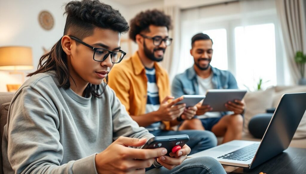 A vibrant, dynamic scene showcasing a group of diverse gamers in various situations, focusing on tips for smooth gameplay. In the foreground, a focused young adult in modest casual attire intently plays on a smartphone, surrounded by visual elements like game controllers, snack food, and an open laptop. The middle ground features two friends discussing strategies, one holding a tablet and the other gesturing, conveying collaboration. The background includes a cozy living room setting with soft lighting from a window, emphasizing a relaxed atmosphere. The overall mood is energetic yet friendly, capturing the essence of gaming enjoyment and practical tips. Use a wide-angle lens to create depth, highlighting interactions and ambiance without any text or distractions.