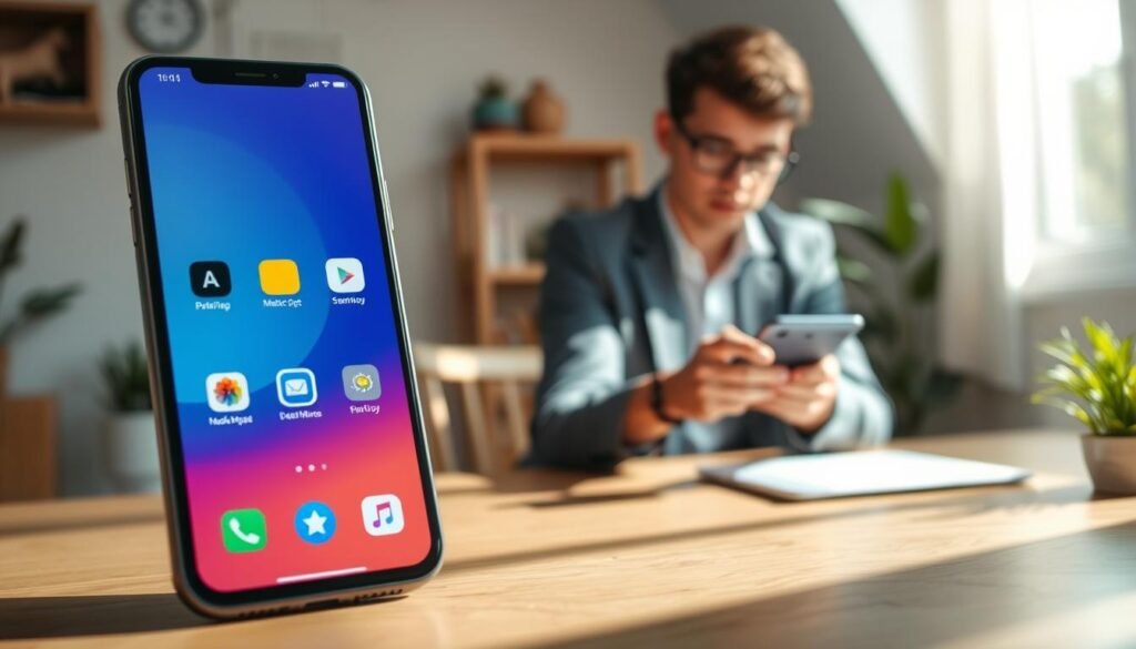 A vibrant, minimalist smartphone interface displayed prominently in the foreground, showcasing a user-friendly design with colorful app icons and a calming aesthetic. In the middle ground, a young professional in casual business attire, focused and engaged, interacts with the device, illustrating the practical use of technology in daily life. The background features a cozy, modern workspace with soft natural lighting streaming through a window, casting gentle shadows. The overall mood of the image conveys ease and efficiency, highlighting the balance between functionality and simplicity in everyday smartphone experiences. The angle is slightly elevated to emphasize the interactions and the smartphone's interface without distractions.