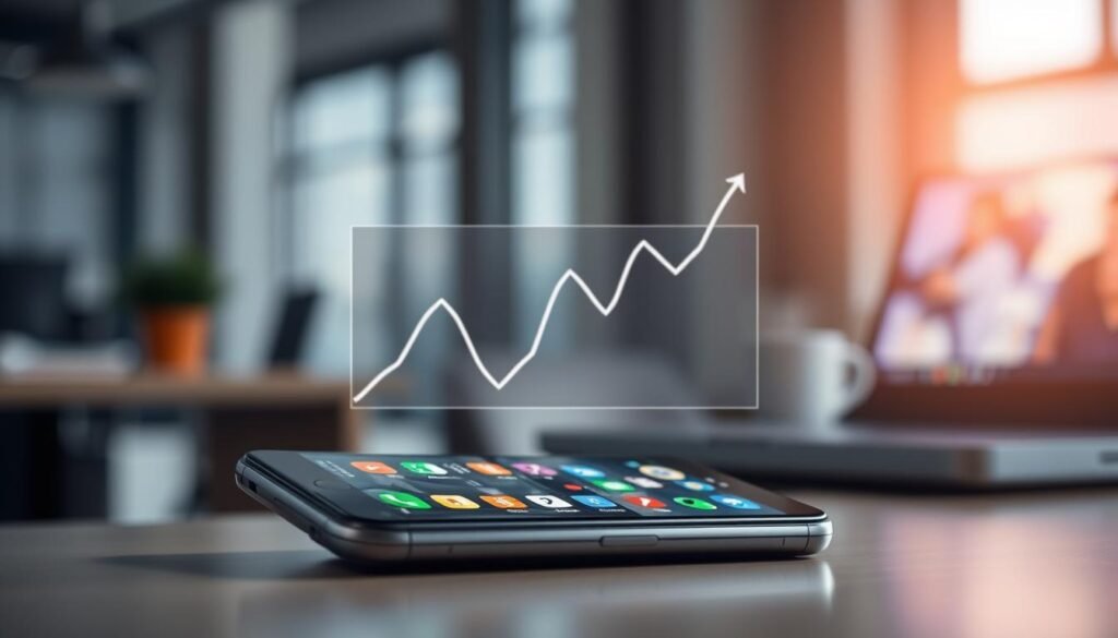 A visually striking depiction of the impact of bloatware on device performance. In the foreground, a sleek, modern smartphone displays a cluttered home screen filled with various app icons representing bloatware. In the middle ground, an energetic graph illustrates a drop in performance metrics, symbolizing slowed speeds and battery drain. The background features a blurred office setting with a faint glow from a laptop screen reflecting frustration. The lighting is bright but slightly harsh, emphasizing the chaotic atmosphere created by excessive bloatware. Use a shallow depth of field to focus on the smartphone while softly blurring the background, capturing the tension between modern technology and annoying software overload. The overall mood should convey urgency and concern about device performance issues.