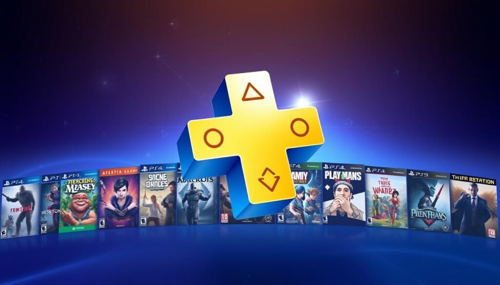 A visually striking illustration of the PlayStation Plus logo in the foreground, sleek and modern with a glossy finish. Surrounding it, a vibrant array of lesser-known video game covers featuring unique art styles and characters, showcasing diversity and creativity. The background shows a gradient of deep blue and purple hues, mimicking the atmosphere of a cosmic galaxy, with subtle light flares to add depth. Soft lighting highlights the logo and game covers, creating an inviting and dynamic feel. The composition should evoke excitement and curiosity, perfectly aligning with the theme of discovering hidden gems in gaming. Capture the essence of community and co-op play with abstract symbols of connectivity subtly integrated into the background.