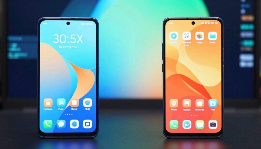 A detailed comparison image illustrating the screen quality and brightness of two smartphones, the POCO X7 Pro and Redmi Note 14 Pro+. In the foreground, display the two phones side by side, each showcasing their screens with vibrant colors and high brightness levels, vivid details of app icons visible on the displays. The middle layer should include a blurred gradient representing dynamic lighting conditions, transitioning from daylight to dim light to highlight their adaptability. In the background, a tech-inspired abstract design, representing digital innovation, with soft blue and green hues. The atmosphere is energetic and modern, evoking a sense of competition and enhanced visual experience, captured from a slightly elevated angle to draw attention to the screens. No text or branding elements present.