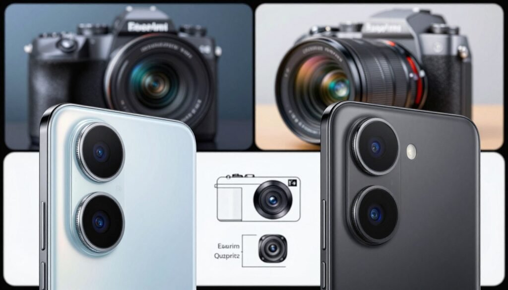 A detailed comparison image of smartphone camera systems, featuring a modern single-lens camera on one side and a dual-lens camera on the other. In the foreground, showcase the two smartphones, with their lenses prominently displayed. The single-lens smartphone should have a sleek design and glossy finish, while the dual-lens model should be slightly larger, emphasizing the integration of its two lenses. In the middle ground, include technical illustrations highlighting the camera specs like aperture and megapixels. The background features an abstract representation of images taken by each camera, showcasing their differences in quality and depth. Use bright and engaging lighting to create a vivid contrast between the two systems, enhancing a professional and informative atmosphere. Ensure there are no text elements or logos present in the image.