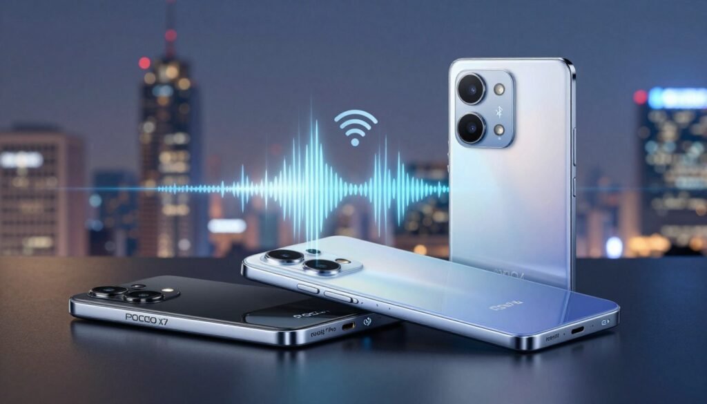 A high-resolution image showcasing the audio features and connectivity options of modern smartphones, specifically focused on the POCO X7 Pro and Redmi Note 14 Pro+. In the foreground, display the sleek profiles of both smartphones with their audio jacks, speaker grills, and wireless connectivity icons illuminated. In the middle ground, illustrate sound waves emanating from the devices, symbolizing audio quality, while subtle graphical elements represent Bluetooth and Wi-Fi connectivity. In the background, use a soft-focus cityscape to create a tech-savvy urban atmosphere, enhanced by dynamic lighting that suggests innovation and energy. The overall mood should be modern and professional, evoking excitement about mobile technology. Ensure all elements are arranged harmoniously without any text or branding visible.