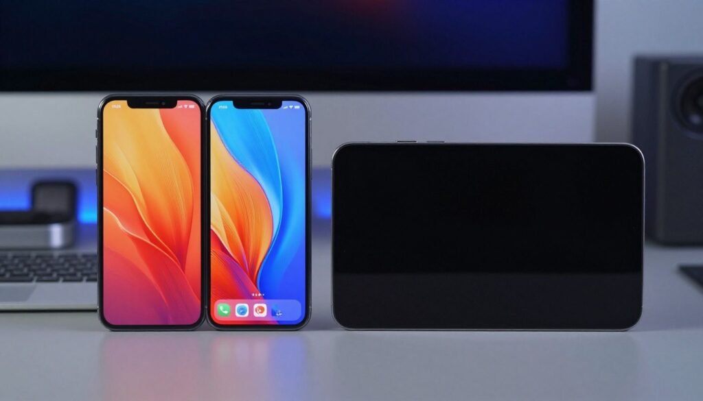 A visually striking comparison of two smartphone displays, featuring a Retina HD screen on the left and a Super Retina XDR display on the right. In the foreground, show clear side-by-side views of both screens lit up, showcasing vibrant colors and detailed resolution. The Retina HD display should depict rich colors in a typical smartphone usage scenario, while the Super Retina XDR reflects deeper blacks and higher contrast, emphasizing its advanced capabilities. In the middle ground, include faint outlines of a modern, tech-savvy workspace, with elements like a sleek desk and subtle ambient lighting to create a professional atmosphere. The background should be slightly blurred to maintain focus on the displays, with a cool-toned color palette to enhance the tech aesthetic. Aim for a sleek and modern mood.