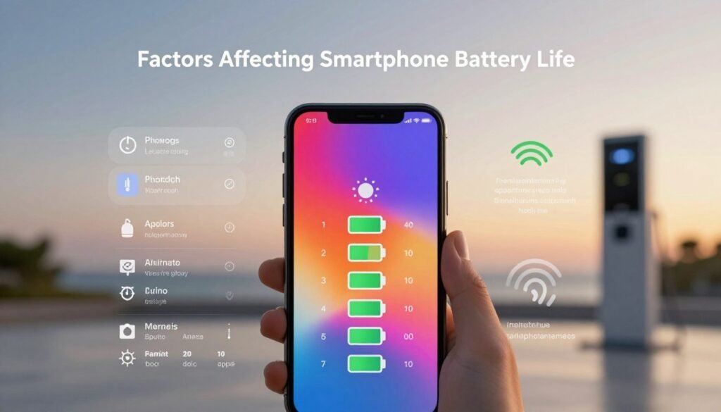 A visually striking illustration representing the "Factors Affecting Smartphone Battery Life" with a modern smartphone in focus. In the foreground, detail the smartphone, displaying its vibrant screen with battery icons indicating various levels of charge. In the middle ground, depict elements such as power-saving settings, app usage statistics, and environmental influences like temperature and network signals, creatively represented as infographics. The background features a soft gradient, hinting at a charging station and natural light to suggest energy flow. Use soft, natural lighting to give a warm and inviting atmosphere, with a slight depth of field effect to focus on the smartphone while slightly blurring the infographics, enhancing clarity. The overall mood should be informative yet engaging, suitable for a technical audience.